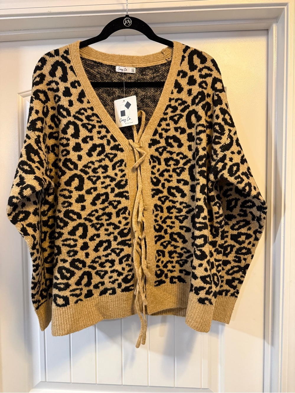 Leopard-Print Tie-Front Cardigan Sweater - Camel/Black